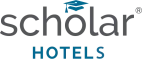 Scholars Hotel logo with &ldquo;scholar&rdquo; in gray, a small blue icon above, and the word &ldquo;HOTELS&rdquo; in blue beneath&mdash;simple, modern branding. ending punctuation.