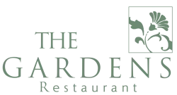 A logo reading &ldquo;THE GARDENS Restaurant&rdquo; with a green plant motif inside a square on the right.