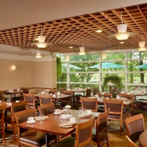 A bright, airy restaurant dining room with wooden tables, chairs, large windows, and green outdoor views, set for service.