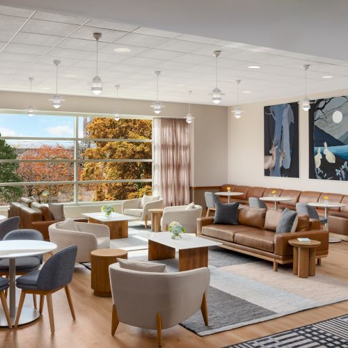 A bright, modern living lounge with large windows, two brown sofas, multiple armchairs, round tables, and abstract blue wall art.