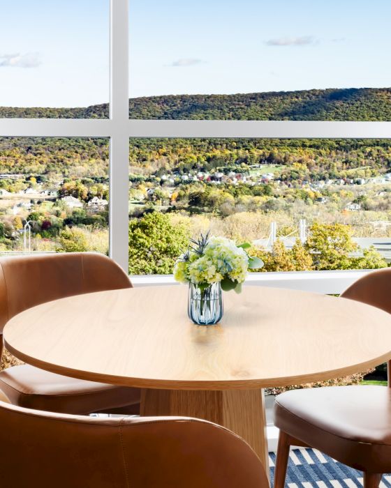 A cozy dining nook with a round wooden table, four brown chairs, a small vase of flowers, and a large window overlooking hills, curtains framing the view.