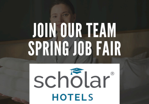 A PROMO image for Schol ar Hotels: &ldquo;Join our team Spring Job Fair&rdquo; with the logo, likely targeting applicants.