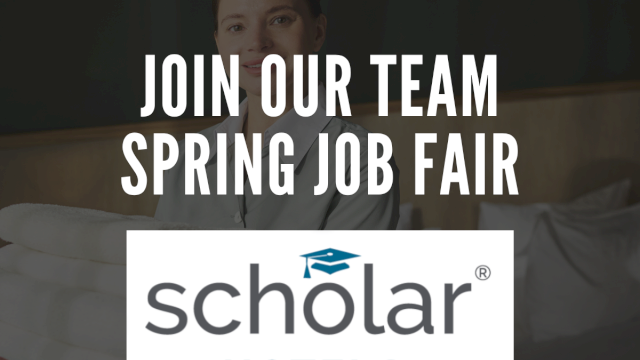 A PROMO image for Schol ar Hotels: &ldquo;Join our team Spring Job Fair&rdquo; with the logo, likely targeting applicants.