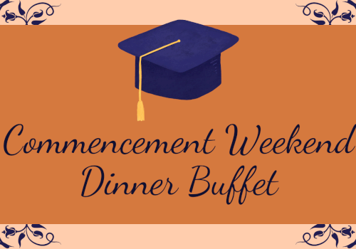 Graduation-themed event: Commencement Weekend Dinner Buffet, featuring a blue graduation cap illustration and an elegant script on a peach-orange card.