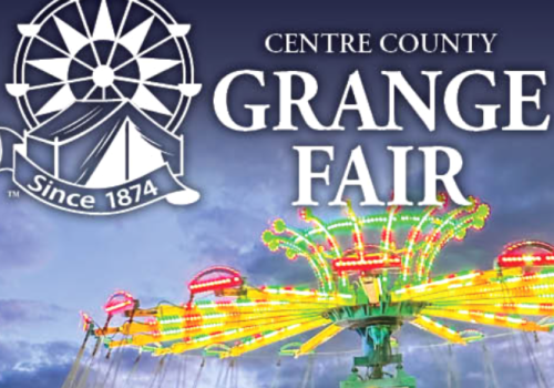 A flyer for the Centre County Grange Fair, featuring a colorful carnival ride and a dartboard-style logo against a blue sky.