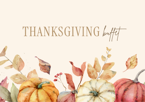Thanksgiving poster with &ldquo;THANKSGIVING&rdquo; text over watercolor fall leaves, flowers, and pumpkins.