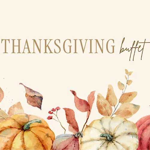 Thanksgiving poster with “THANKSGIVING” text over watercolor fall leaves, flowers, and pumpkins.