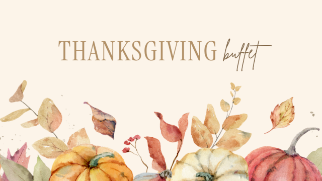 Thanksgiving poster with &ldquo;THANKSGIVING&rdquo; text over watercolor fall leaves, flowers, and pumpkins.